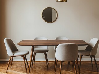 A modern minimalist interior design in a dining room with pendant lighting and a dining table and chair. Generative AI
