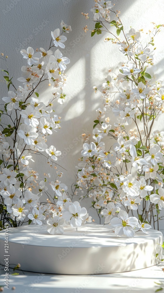 Poster delicate white spring flowers in full bloom surround a simple podium, creating an inviting atmospher