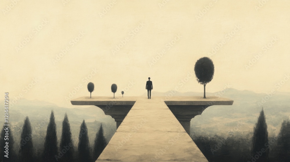 Poster man standing on a high clifftop path with trees, contemplating a choice.