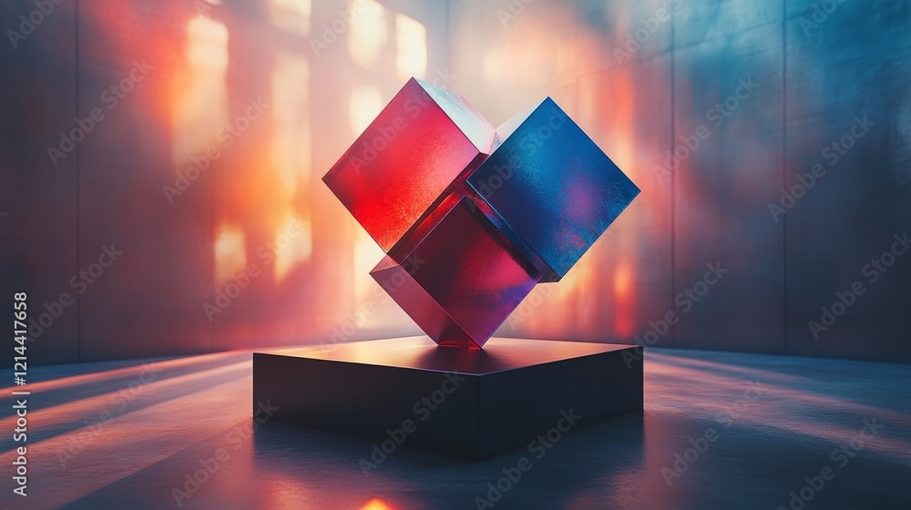 Poster red and blue glowing cubes balancing on a pedestal in an empty room with window light creating a mys