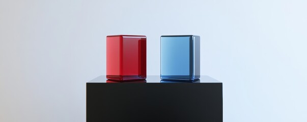 Obraz premium Glass cubes—red and blue—positioned on black pedestal, symbolizing contrasting concepts against minimalist white setting
