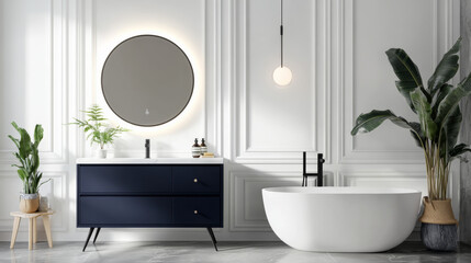 Fototapeta premium Modern bathroom with white paneling, stylish bathtub, and elegant decor. space features round mirror, plants, and sleek vanity, creating serene atmosphere