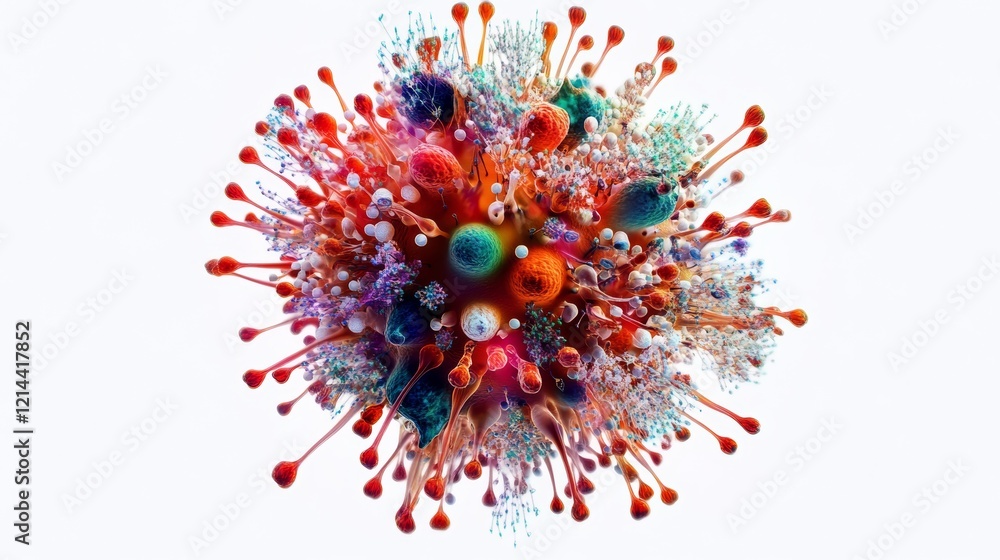 Poster microscopic view of colorful virus cell exploding on white background, causing infection and disease