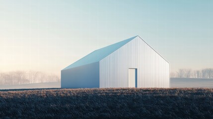 Modernist Farmhouse in Mist: A minimalist, white farmhouse stands solitary and striking against a backdrop of mist-shrouded trees and a hazy sky, evoking a sense of serene isolation.