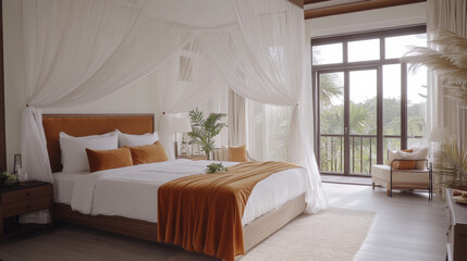cozy traditional bedroom featuring walnut wood bed, soft white linens, and warm orange accents. room is bright and airy, with large windows offering view of nature