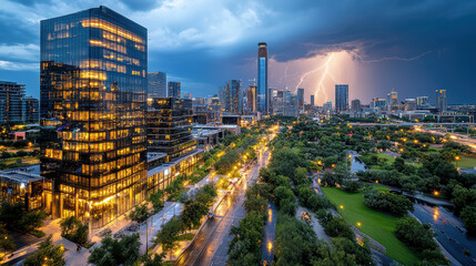 Obraz premium vibrant city skyline illuminated by lightning during stormy evening