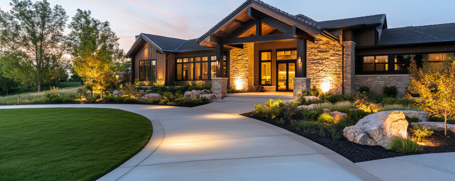 Luxurious Kansas City home exterior with landscaped garden, evening lights, and stone accents. welcoming entrance with curved driveway and lush greenery creates serene atmosphere