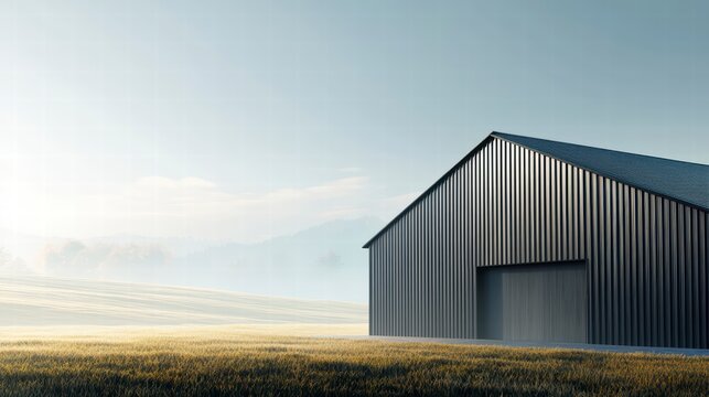Modern Barn in Misty Field: A sleek, dark-grey metal barn stands solitary in a vast, misty field at dawn, the subtle light illuminating its clean lines and minimalist design. - Powered by Adobe