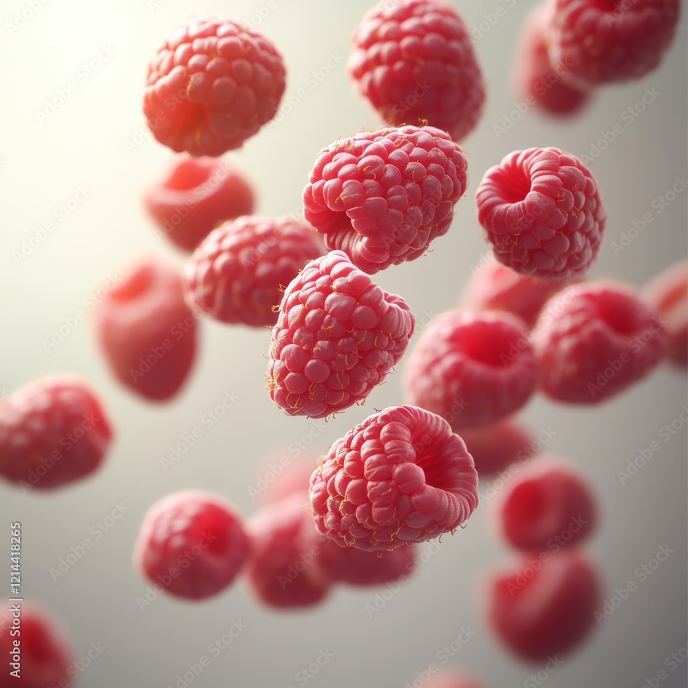 Poster floating raspberries in air against a soft gradient background
