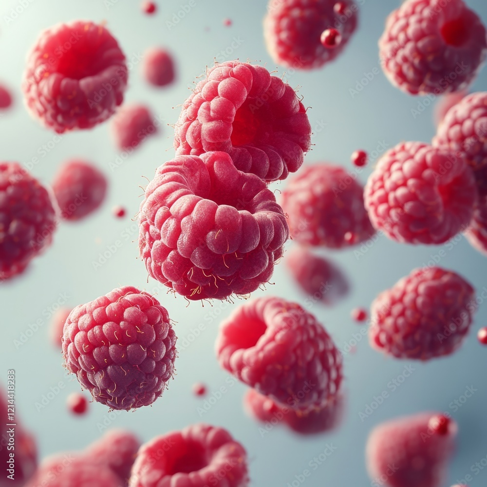 Poster fresh raspberries floating in air with soft light background