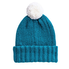 A cozy, knitted beanie in vibrant teal with a fluffy white pom-pom on top, perfect for cold weather fashion.