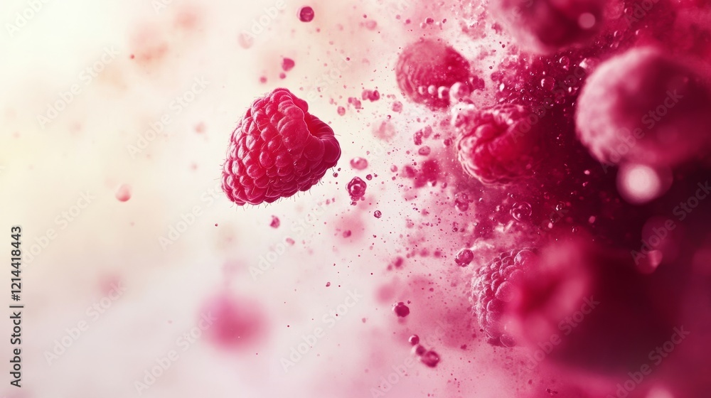Poster vibrant raspberry splash with bubbles and soft color background