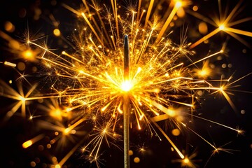 Obraz premium Macro Photo of Burning Golden Sparkler Shaped as Number Five on Black Background