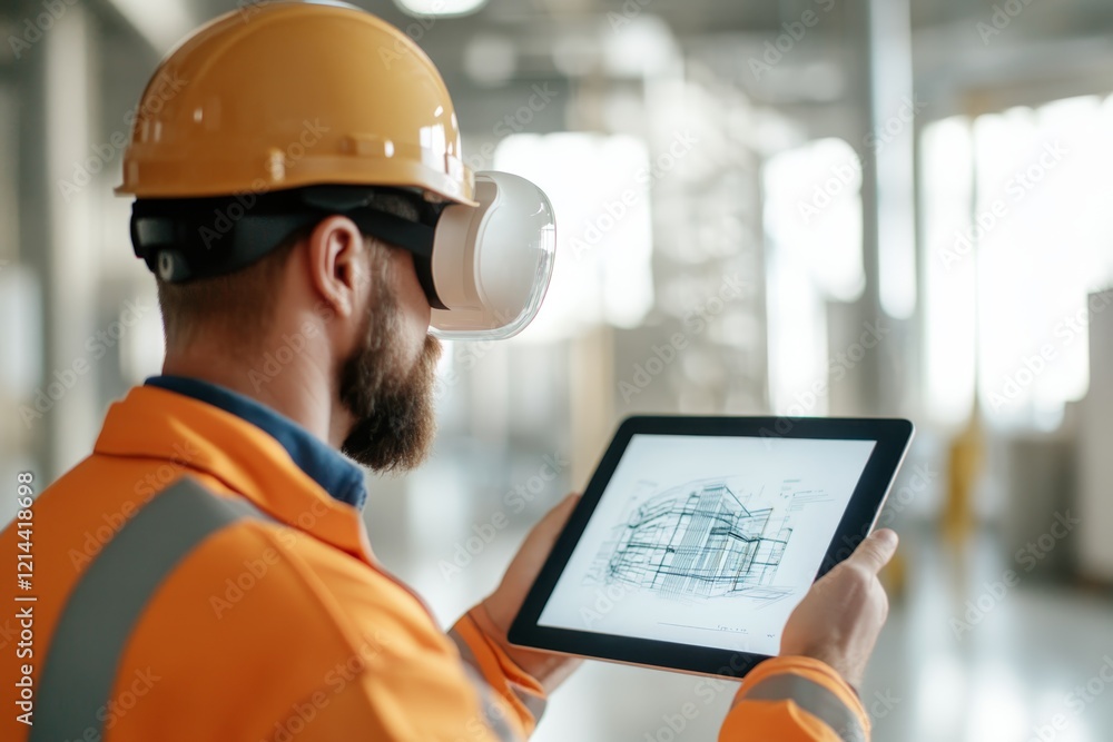 Poster worker using virtual reality headset and tablet for construction project in modern site
