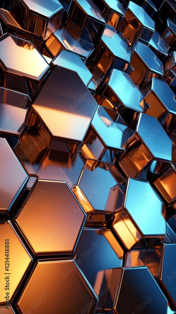 Poster abstract background with metallic hexagons reflecting orange and blue light, creating a modern and f