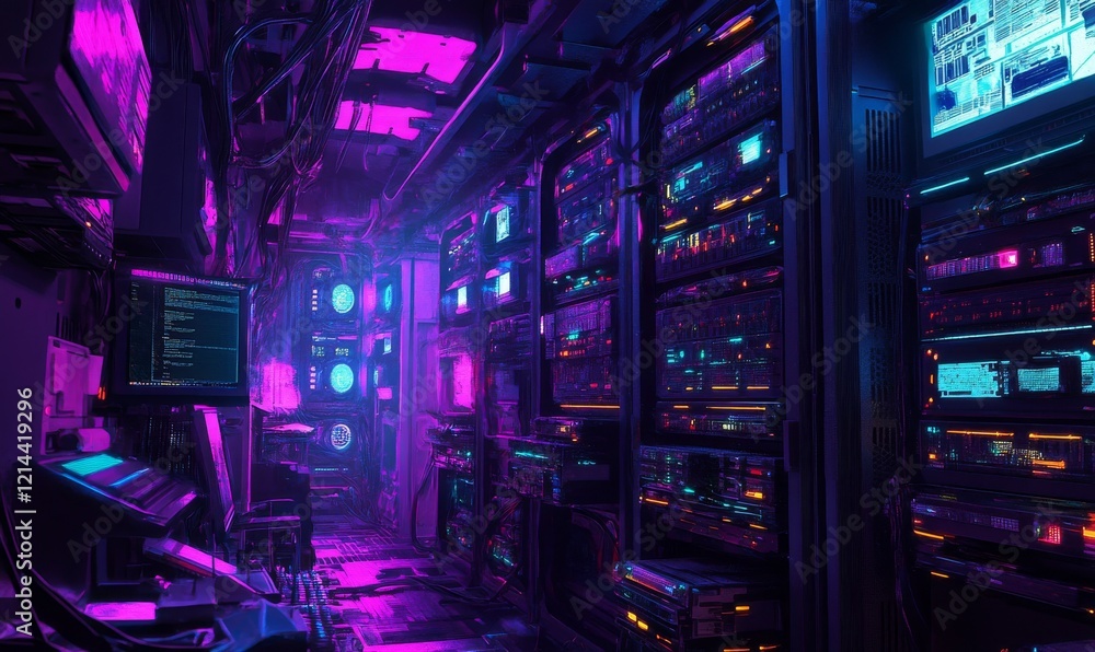 Poster computer server room with neon lights and glowing computer parts. the room is filled with rows of se