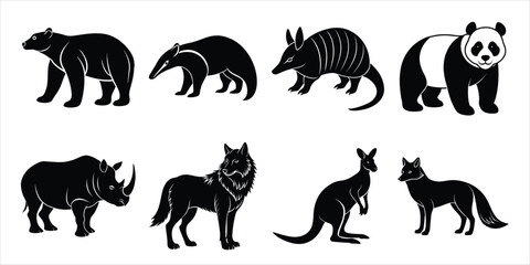 Wild animals silhouette set. Wildlife animals vector illustration