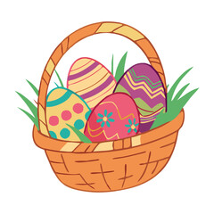 A woven Easter basket filled with colorful, decorated eggs, vector illustration