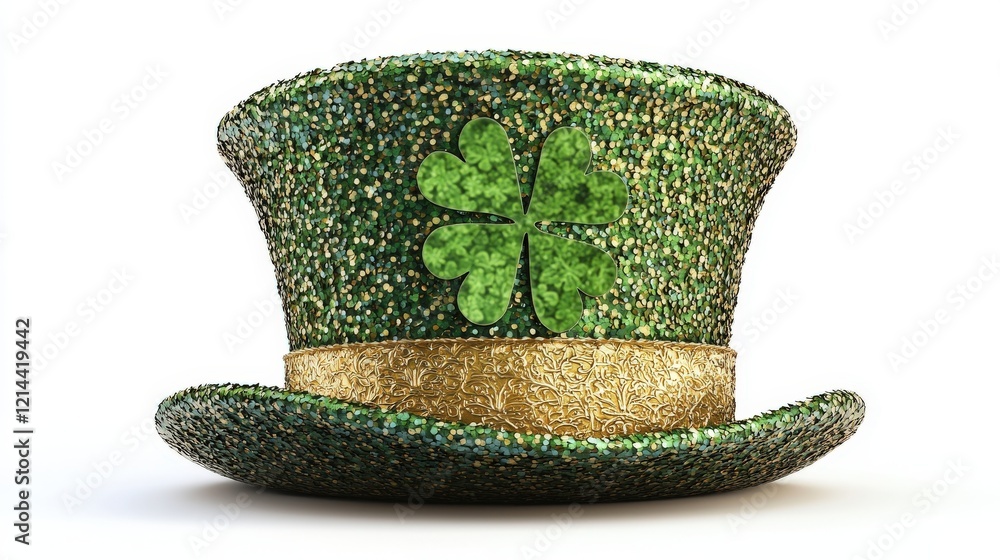 Poster detailed 3d render of a green st. patrick's day top hat with decorative clover elements and sparklin