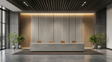 Modern corporate reception area with sleek design and warm lighting