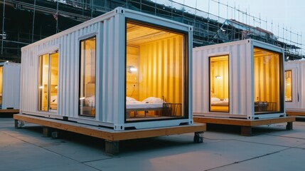 Shipping Container Hotel: Rows of modern, minimalist shipping container hotel rooms, illuminated from within, create a unique and stylish temporary accommodation.
