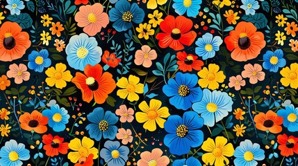 A seamless pattern with colorful flowers and leaves on a dark background.