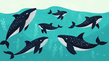 Fototapeta premium Illustration of Whales Swimming Together in a Colorful Ocean Scene