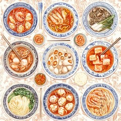 Asian cuisine variety bowls, food photography, restaurant menu, decorative background