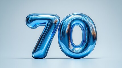Shiny blue foil balloon shaped like the number seventy, floating gracefully against a soft light blue background, perfect for celebrations
