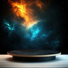 Cosmic Display: Dark Product Showcase with Nebula Background.