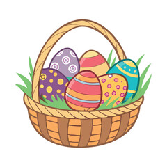 A woven Easter basket filled with colorful, decorated eggs, vector illustration