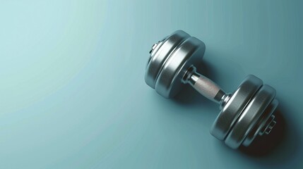 Shiny metal adjustable dumbbell top view image copy space, ai generated. Heavy sports inventory on blue banner background. Enjoying athletic activity in gym concept photography copyspace