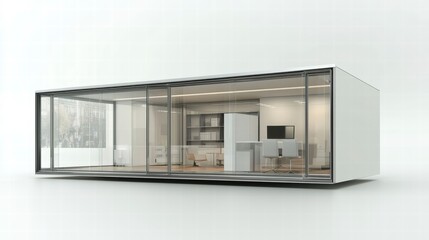 Modern Minimalist Prefab Home:  A sleek and modern prefabricated home with large glass panels showcasing a minimalist interior design.