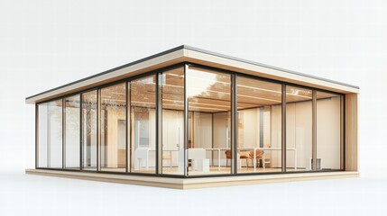 Modern Glass and Wood Office: A sleek, minimalist office space, built with modern materials like wood and glass, showcases a contemporary and inviting workspace.