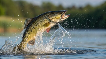 Fishing trophy perch. A vibrant trophy perch leaping out of freshwater, creating splashes against a serene background.