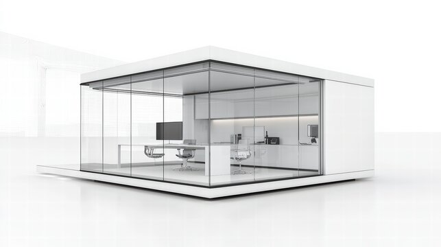 Modern Office Pod: A sleek, minimalist office pod with glass walls, offering a private and focused workspace, perfect for modern office design and enhancing productivity.  