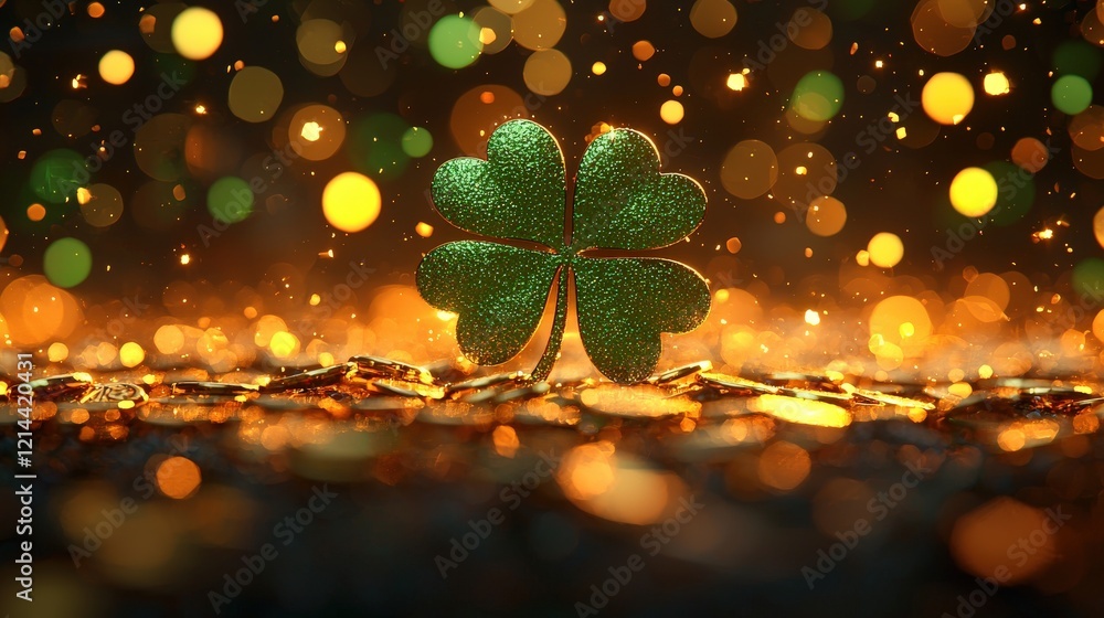 Poster glittering four leaf clover surrounded by sparkling golden coins in enchanting bokeh background