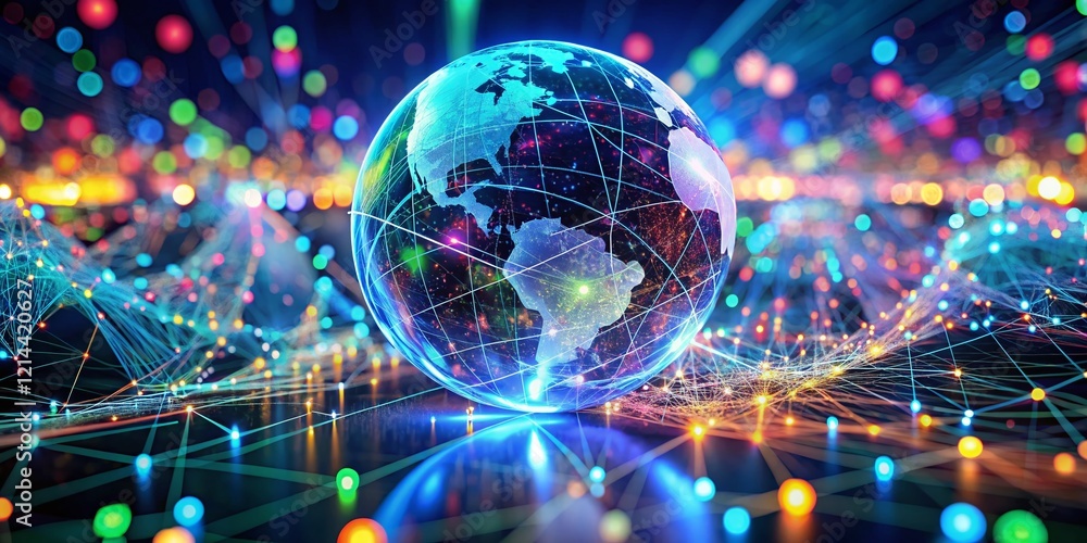 Poster macro photography: futuristic algorithm, cyberspace globe, hud, data stream