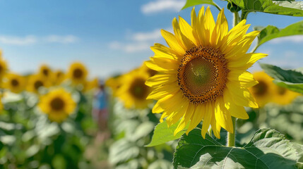 Fototapeta premium Vibrant Sunflower in a Field on a Clear Sunny Day with Blue Sky and Soft Clouds