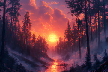 A mystical forest at sunset bathed in deep amethyst hues. The scene captures the enchanting glow of twilight with vibrant purple tones