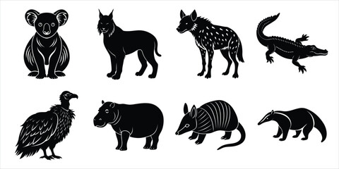 Wild animals silhouette set. Wildlife animals vector illustration