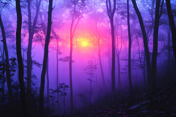 Fototapeta premium A mystical forest at sunset bathed in deep amethyst hues. The scene captures the enchanting glow of twilight with vibrant purple tones