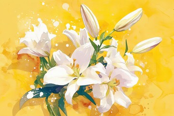 White lilies bouquet on yellow watercolor background