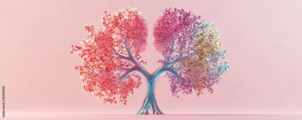 Poster multicolored tree branching across soft pink landscape, symbolizing cultural connection and unity