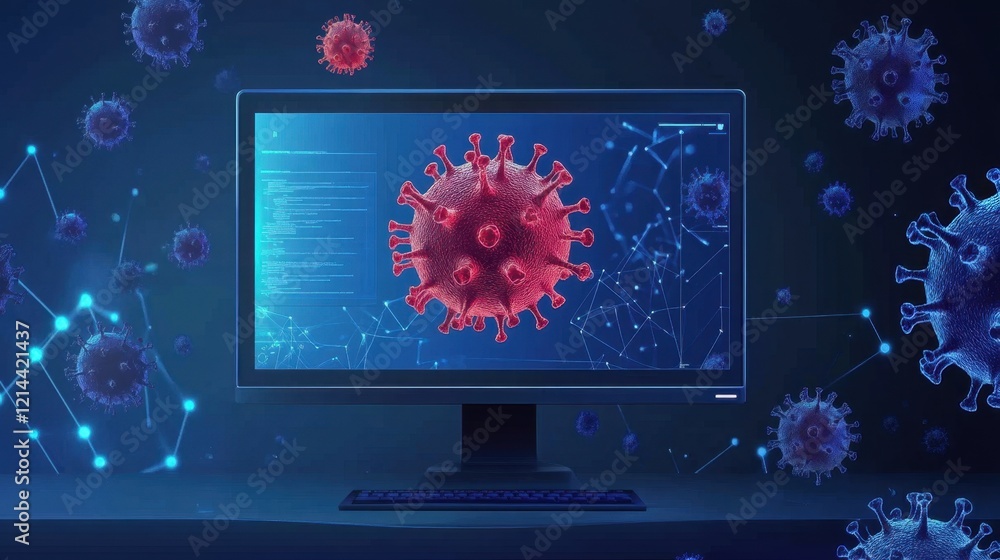 Poster computer screen displaying virus and data in digital environment