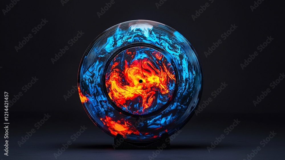 Poster abstract sphere with swirling fire and ice patterns.