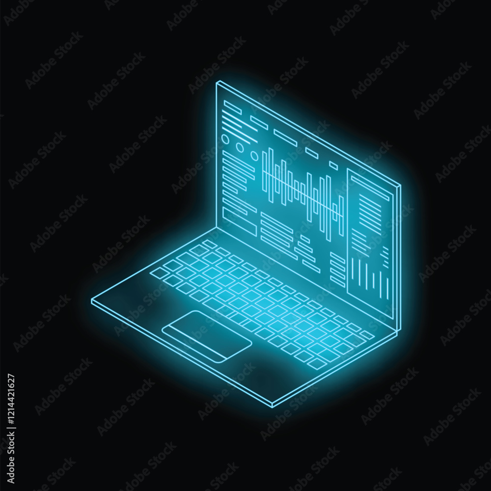 Poster neon blue laptop showing software code on screen, concept for programming, coding and software devel