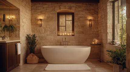 Luxurious bathroom with stone accents, modern freestanding tub, warm lighting, and natural decor creates serene atmosphere for relaxation