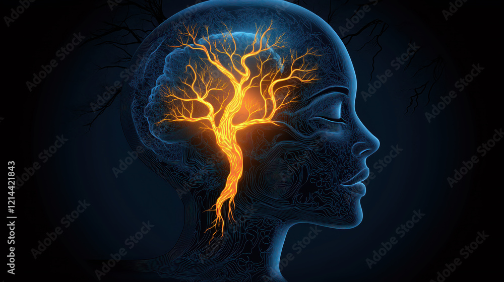 Poster glowing neural tree within a human head symbolizing the connection between mind and nature