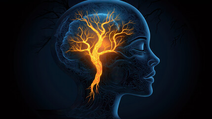 Glowing neural tree within a human head symbolizing the connection between mind and nature